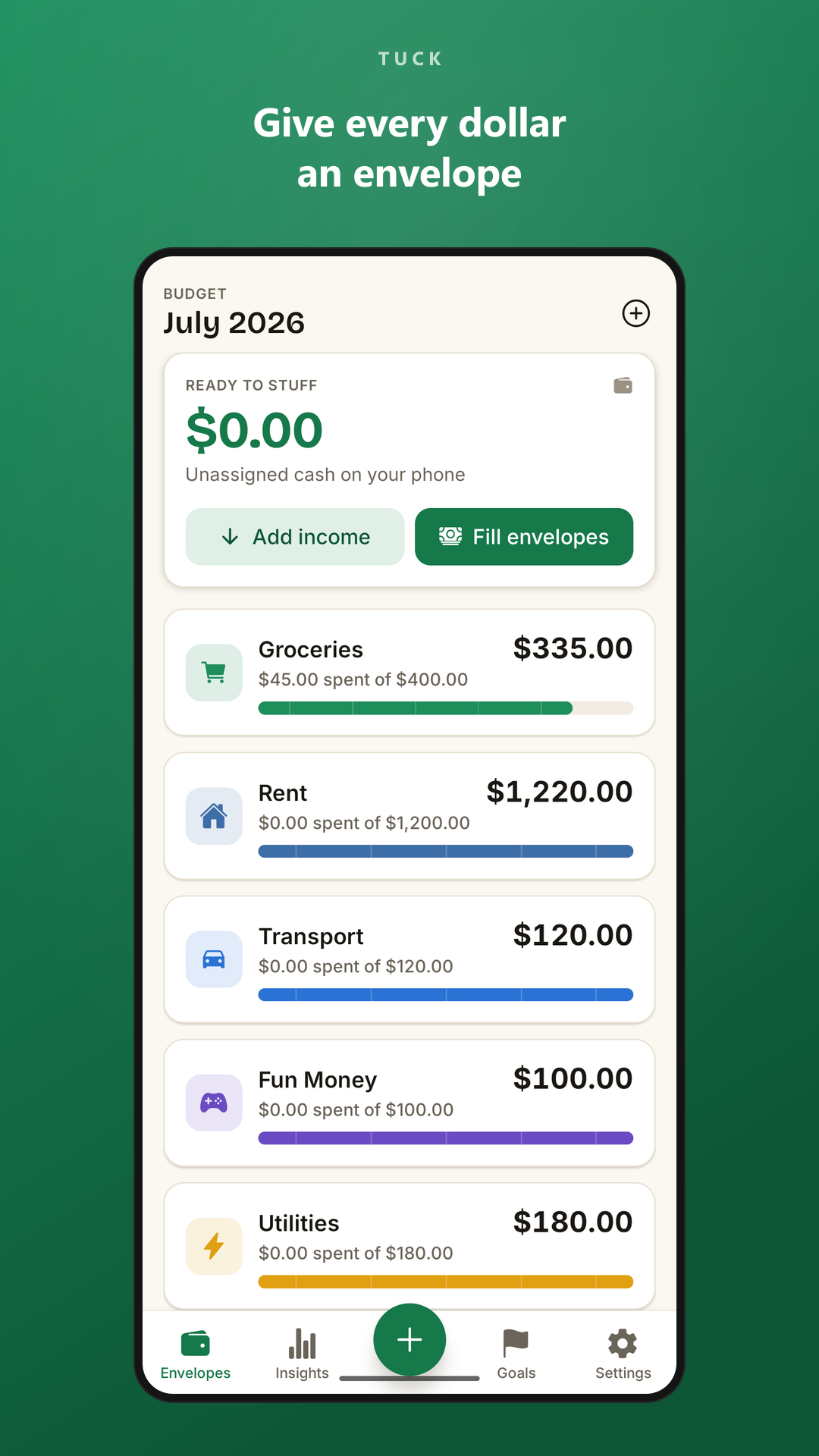 Tuck home screen showing budget envelopes with cash-stuffing fill bars