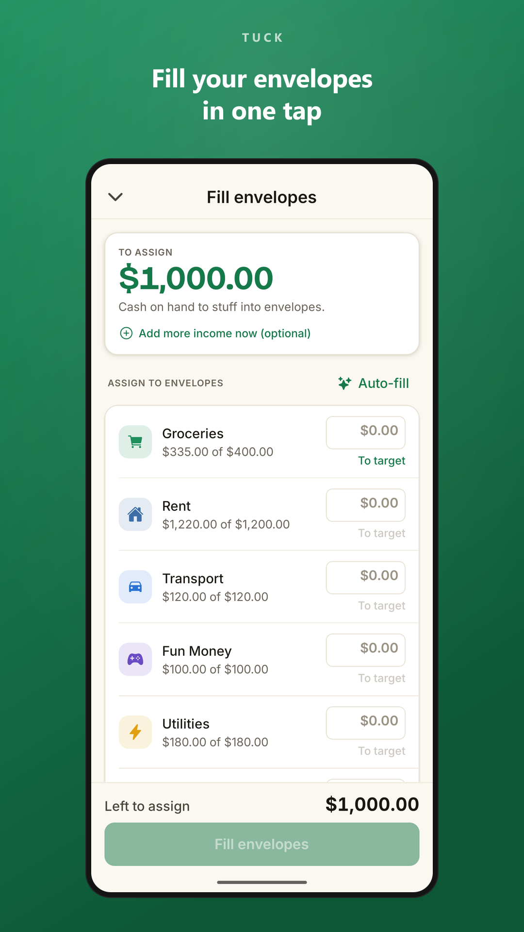 Payday fill flow, assigning income to envelopes with one-tap Auto-fill