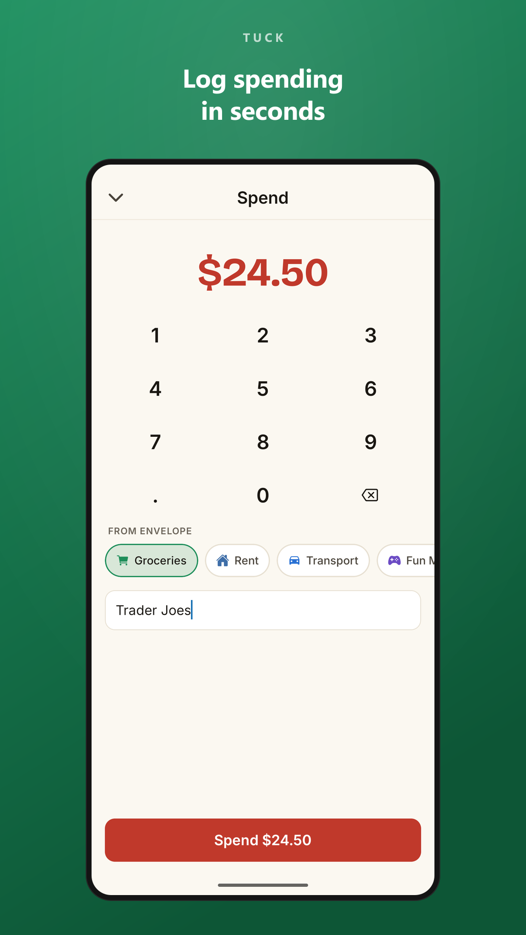 Logging a spend against an envelope in a few taps