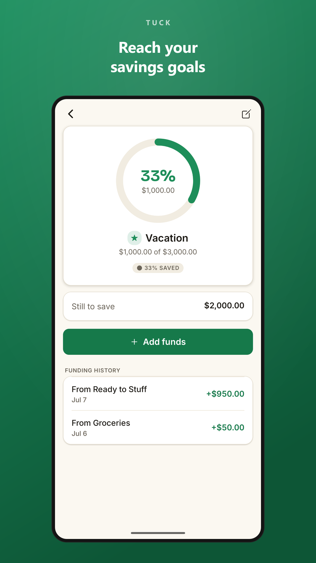 A savings goal with a progress ring showing money saved toward a target